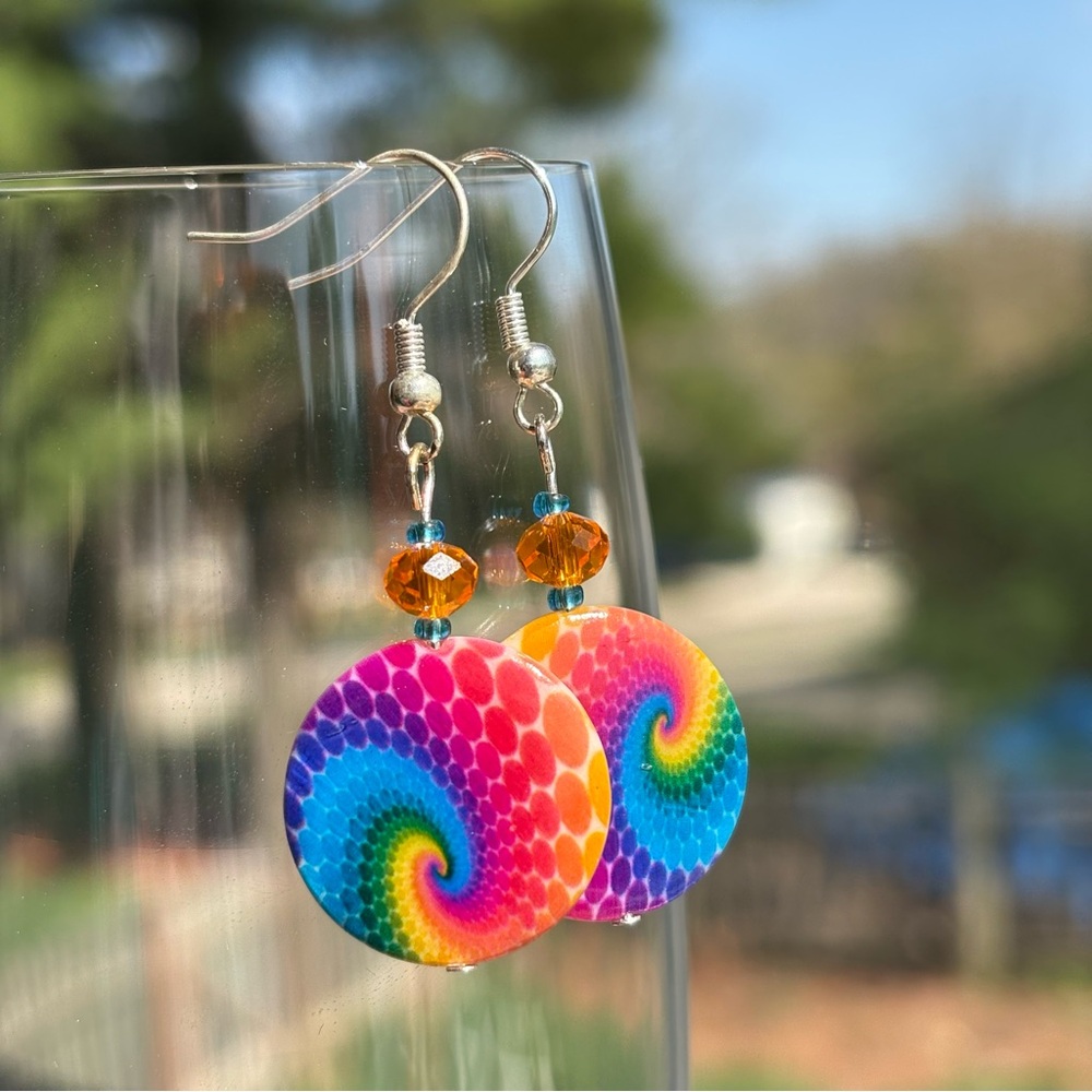 Handmade New Rainbow Tie Dye Spiral Earrings with Glass Accent Beads